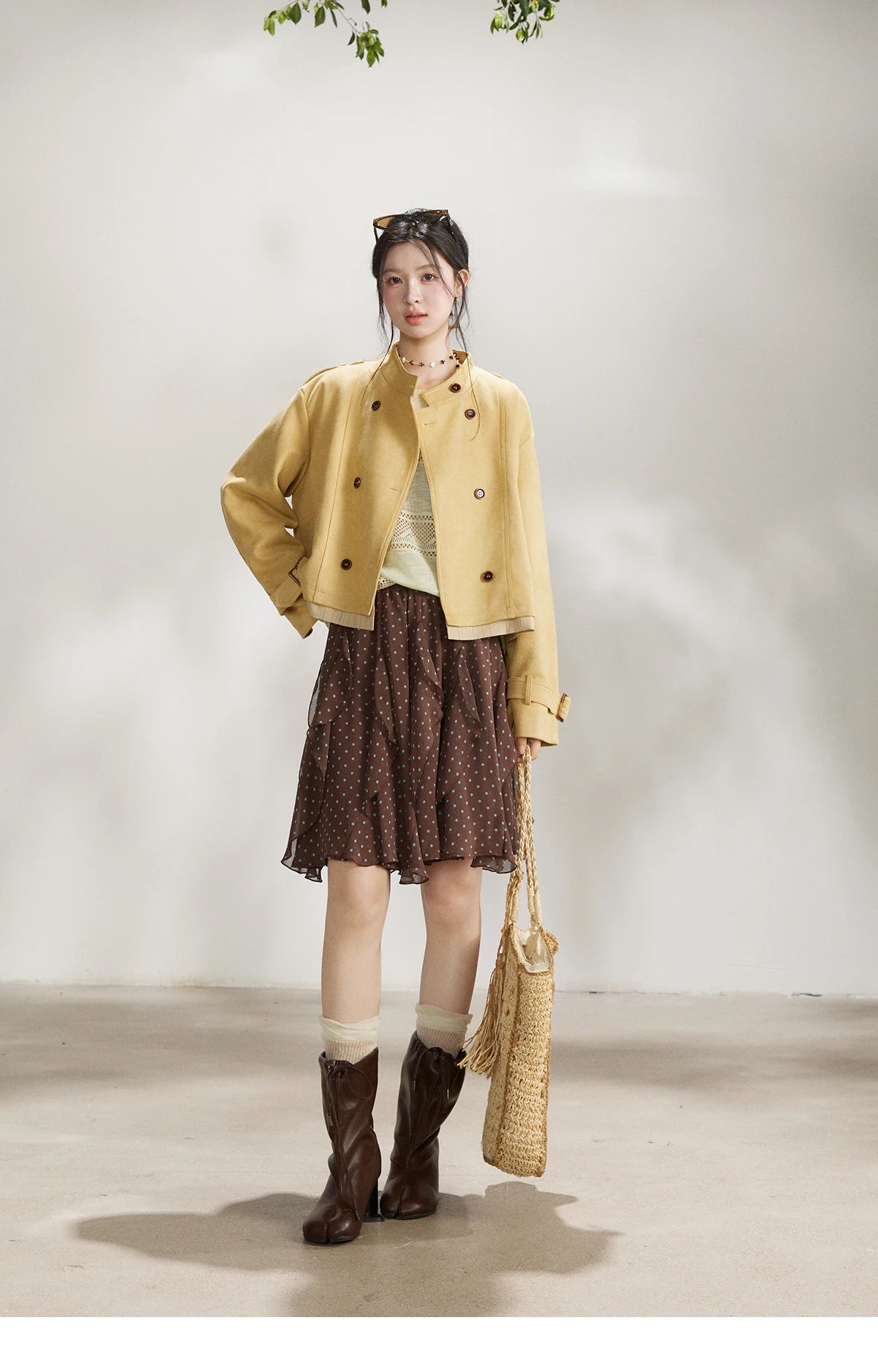 MISHOW Women's Yellow Double-Breasted Trench Stand Collar Coat Adjustable Cuffs Splicing Striped Hem Casual Outerwear MXF11W1026