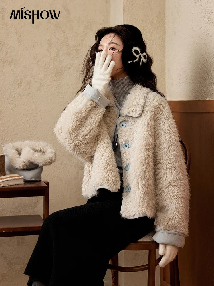 MISHOW Lamb Wool Jacket Women Suede Plush Thick Coat Spliced Turn-Down Collar Sweet Soft Senior Jacket Office Lady MXD59W0753