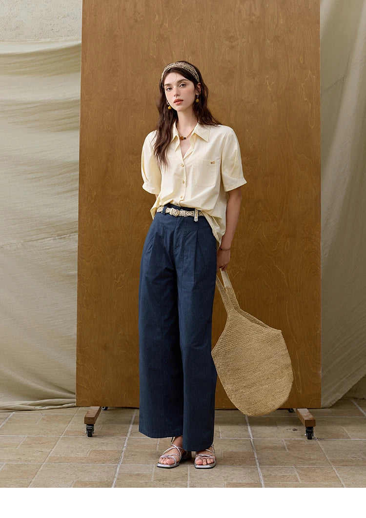MISHOW Office Lady Summer Pants Women New 2025 Retro Dark Blue High Waist Wide-leg Pants Female Slimming Straight MXE31K0902