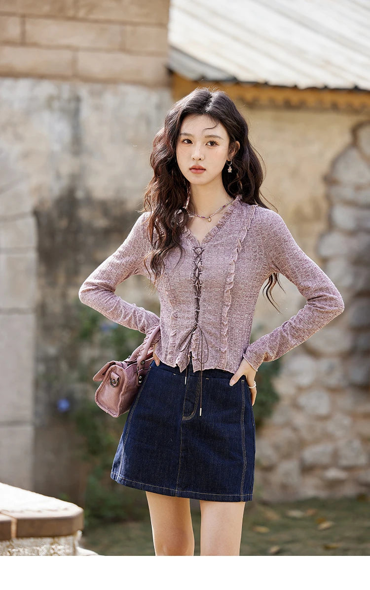 MISHOW Women's Retro Deep Blue Short Denim Skirt Spring High Waist Slim A-line Skirts Denim Commuting Versatile Skirt MXE13B0658