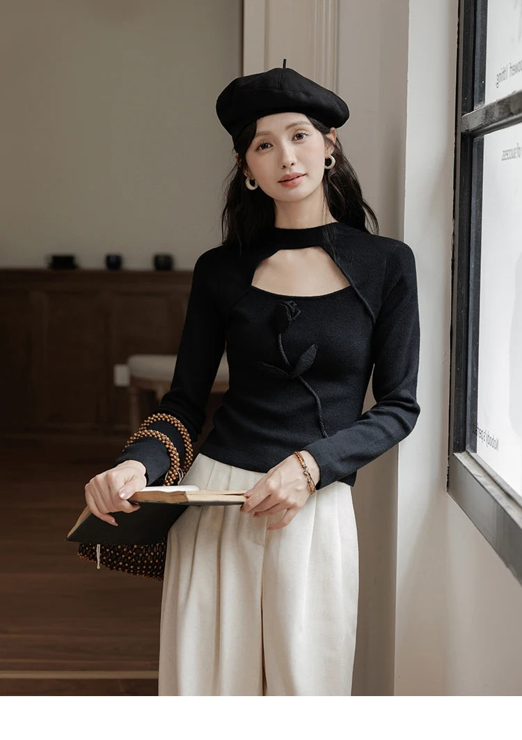 MISHOW Women’s Black Tulip Knitted Sweater French Vintage Hollow Out Sweaters Mock Neck 2024 Fall Elegant Slim Top MXD42Z0731