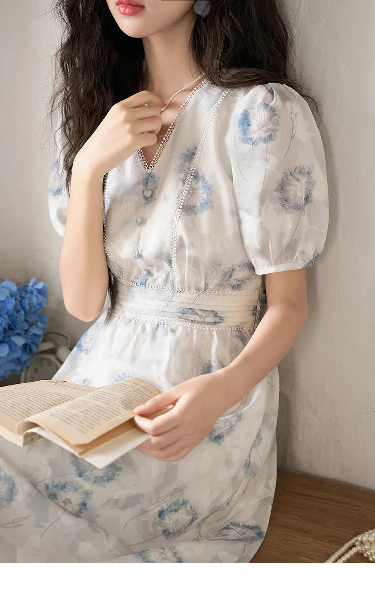 MISHOW 【Taraxacum Series】Chiffon Dress for Women 2023 Summer French Taraxacum Printing V-neck Waist Puff Sleeve Dress MXC39L1555