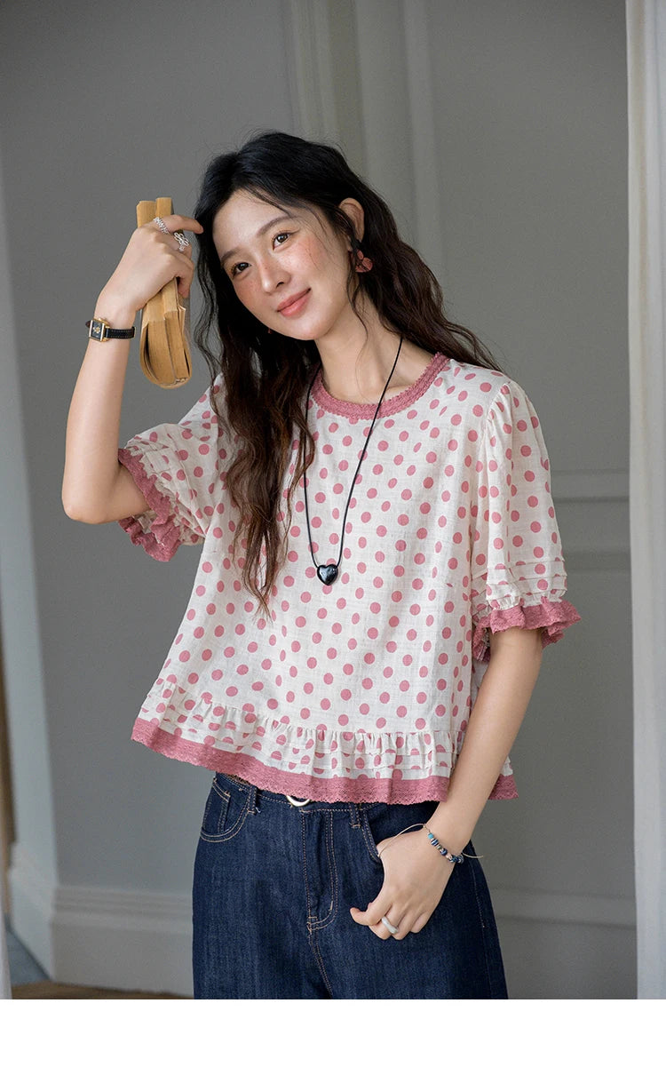 MISHOW Women's Blouse Fashion Pink Polka Dot Short Top 2025 Summer Sweet Puff Sleeve Blouse Casual Female Clothing MXE37X1900