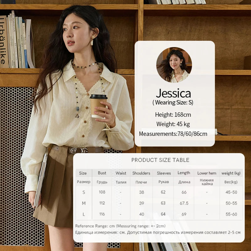 MISHOW Women's French V Neck Lace Panels Shirts 2025 Autumn Elegant Long Sleeve Apricot Top Office Chic Loose Shirt MXE43X2474