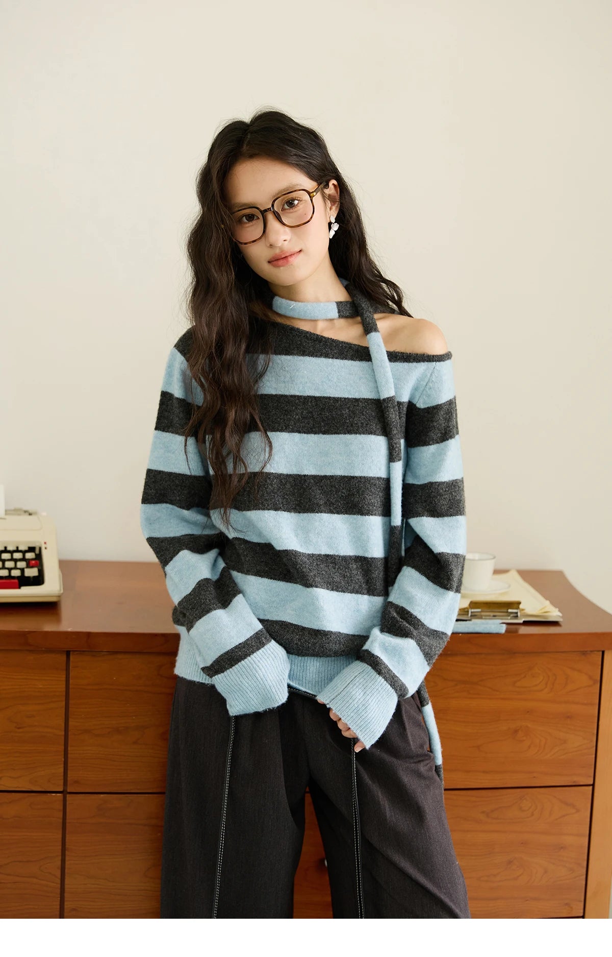 MISHOW Blue Gray Stripe Knitted Top 2025 Autumn Slanted Shoulder Collar Sweaters with Ribbon Loose Wool Blend Sweater MXE46Z2540