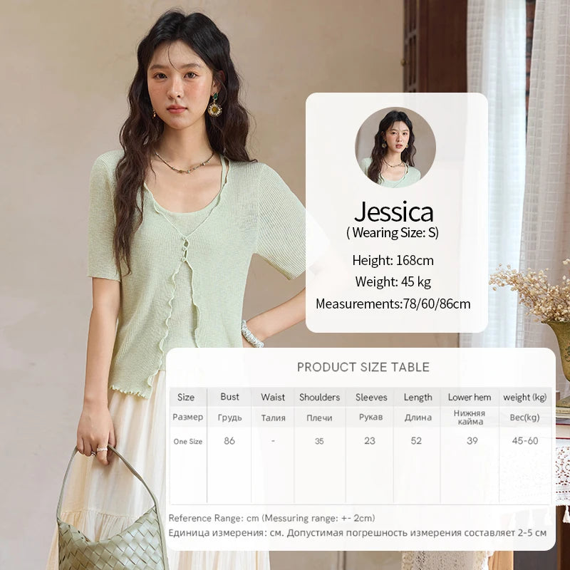 MISHOW Women's Mint Green Fake Two Piece Short Sleeved Knitted Cardigan 2025 Summer Solid Color Loose Comfortable Top MXE36Z1286