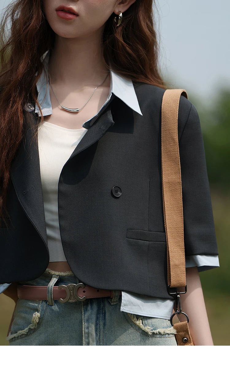 MISHOW Fake Two Short Suit Jackets for Women Summer Three Quarter Single Breasted Turn-down Collar Female Coats MXC33W0016