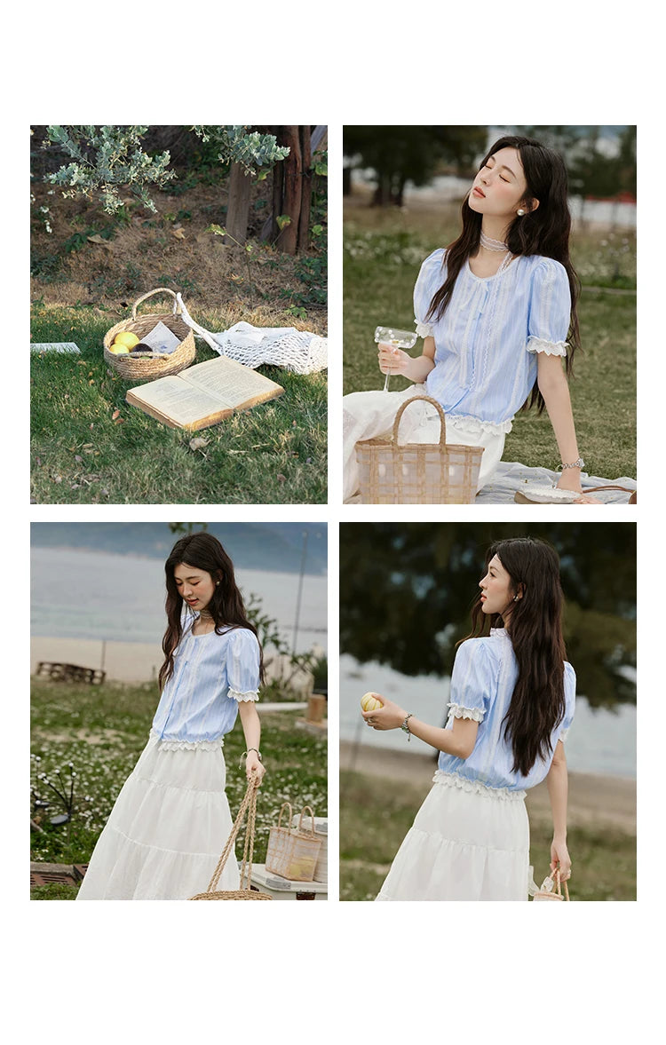 MISHOW French Striped Summer Blouses Women 2025 New Short Puff Sleeve Round Neck Lace Patchwork Shirts Fashion Tops MXE32X1759