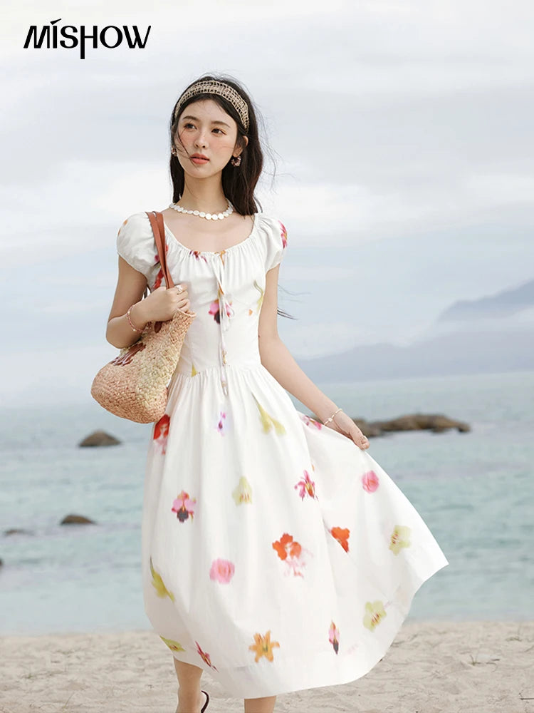 MISHOW Korean Summer Dress for Women New 2025 Short Sleeve Round Neck Drawstring Cotton Dresses Lady Fashion Holiday MXE32L2212