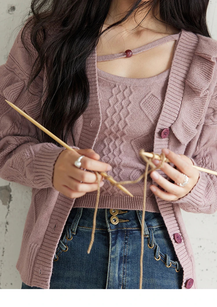 MISHOW Pink Knitwear Camisole Cardigan Separately 2024 Fall Fashion Sweet Knitted Vest Asymmetric Flounce Sweaters MXD45Z0781