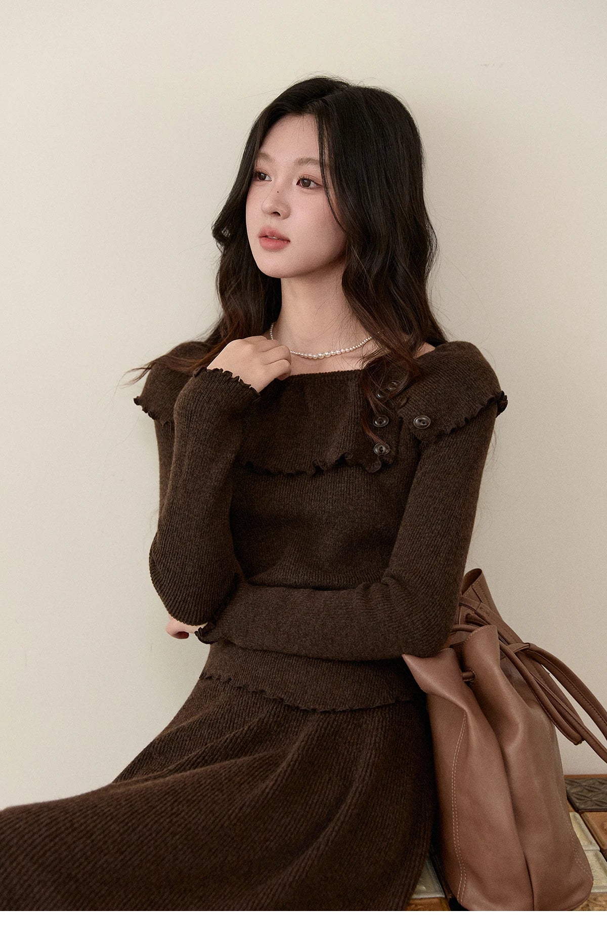 MISHOW Women's Retro Knitted Two-Piece Set 2025 Winter Coffee Ruffle Boat Neck Top A-Line Elastic Waist Skirt Outfit MXE93T1455