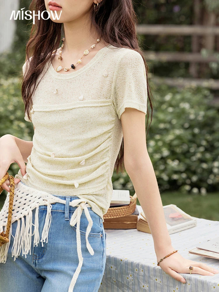 MISHOW Solid Office Lady Summer Shirts for Women 2025 New Short Sleeve Round Neck Knitted T-shirt Female Fashion Slim MXE32Z1232