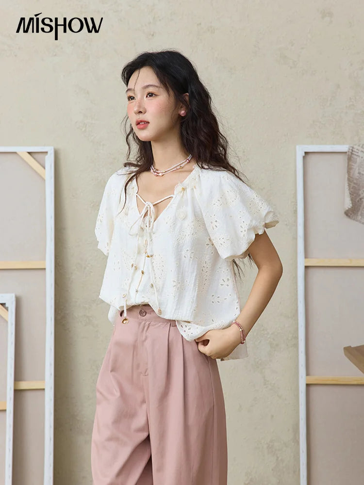 MISHOW Hem Lace Hollow Out Wide Leg Pants for Women Summer 2025 High Waist Loose Pink Pants Straight Leg Trousers MXE31K0900