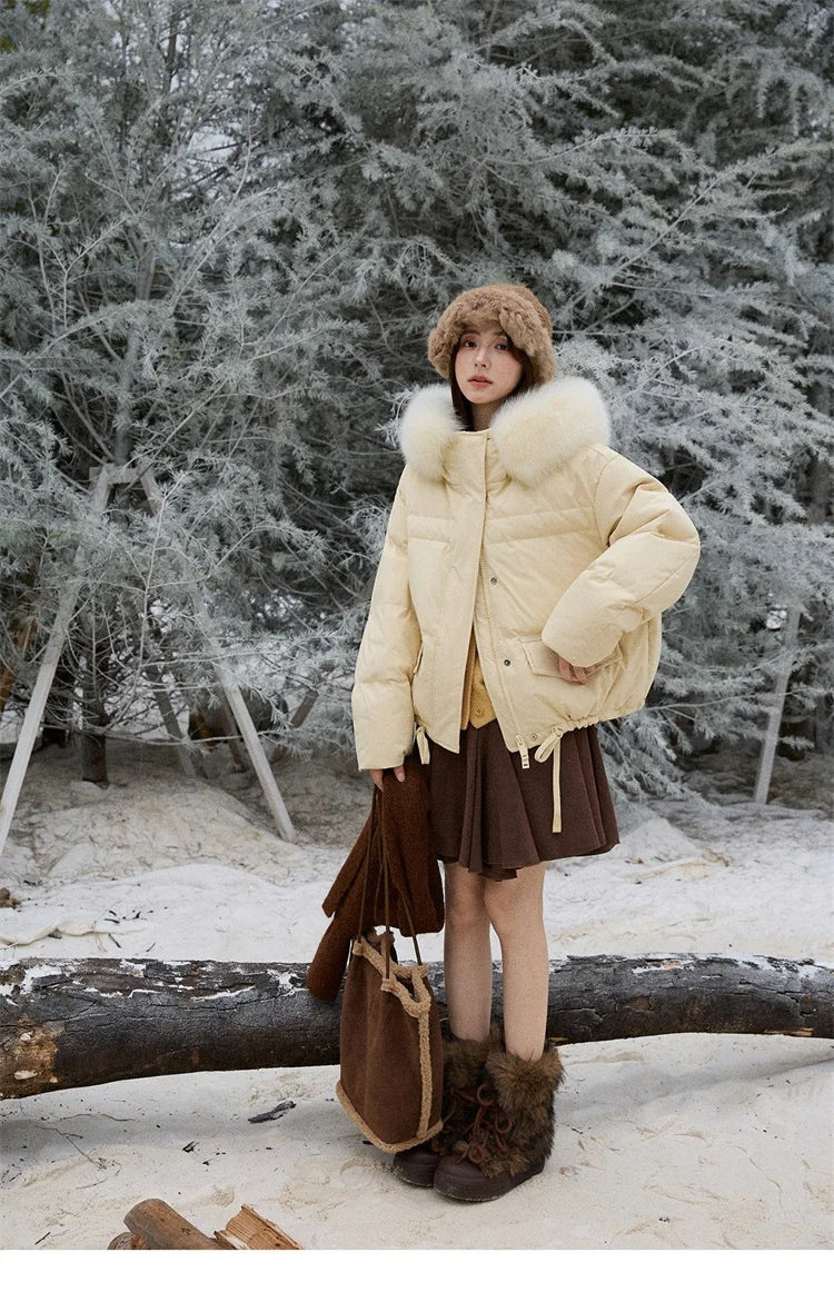 MISHOW Short Lightweight Puffer for Women 2025 Fashion Loose Long-sleeved Down Jacket Detachable Fur Collar Warm Coat MXE87Y0084