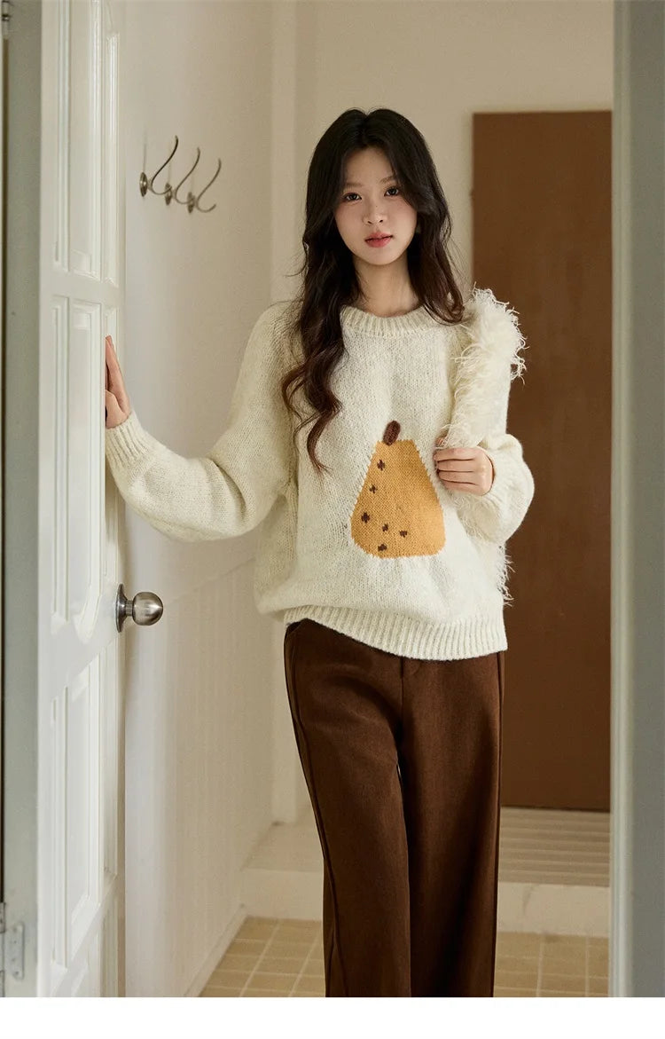 MISHOW Pear Pattern Jacquard Knitted Sweater Autumn Winter Crew Neck Loose Sweaters Wool Blend Warm Pullover Tops MXE94Z2959