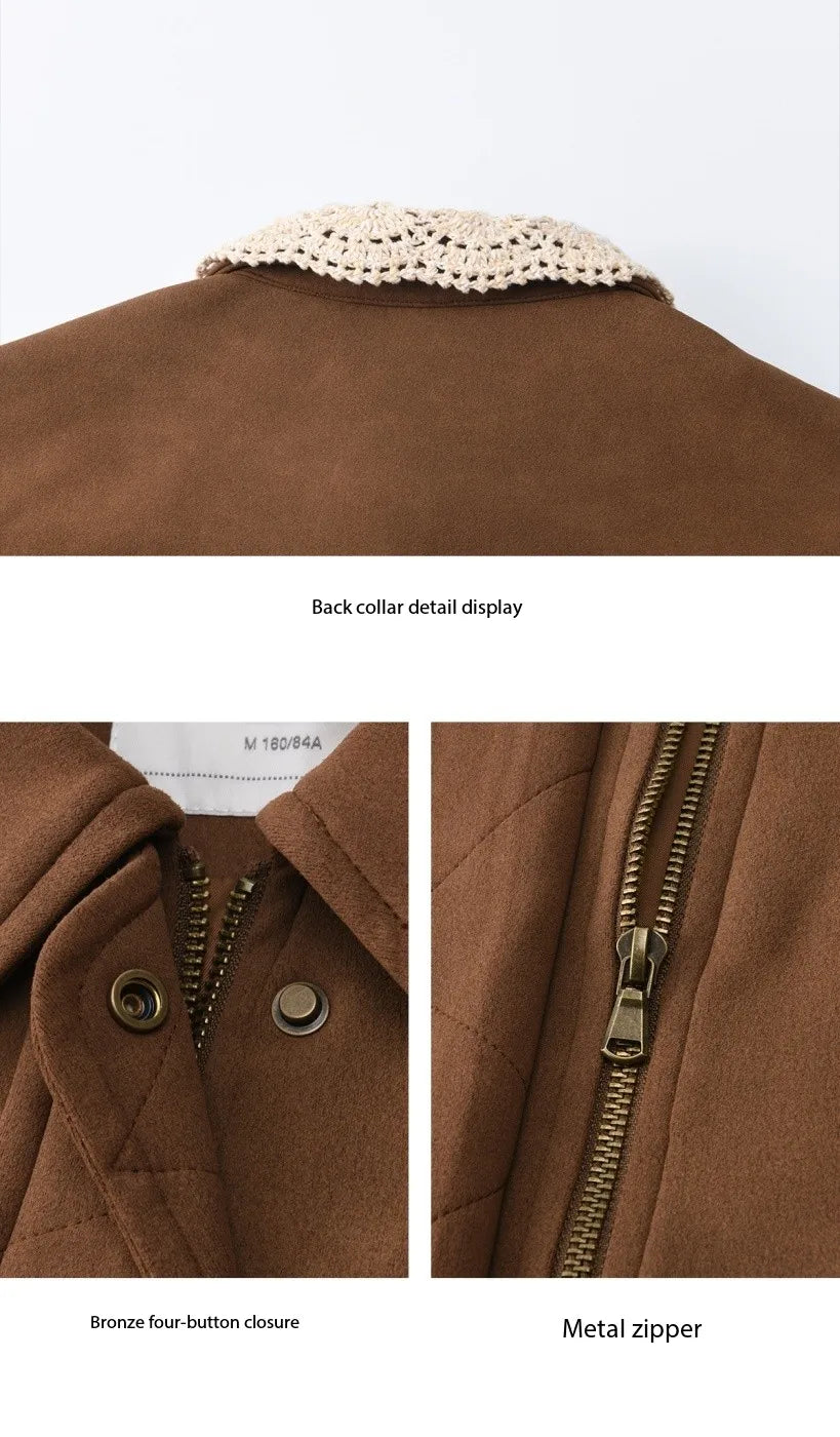 MISHOW Brown Jacket for Women 2025 Autumn Winter Retro Detachable Lace Collar Drawstring Hem Jacket Women's Clothing MXE45W0846