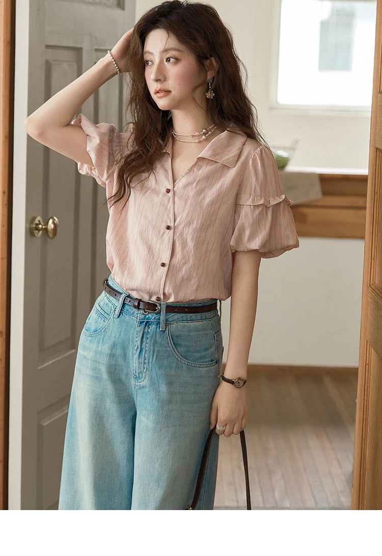 MISHOW Ladies Fashion Puff Sleeve Striped Shirt 2025 Summer New Commute Retro Turn-down Collar Top Women's Clothing MXE37C0808