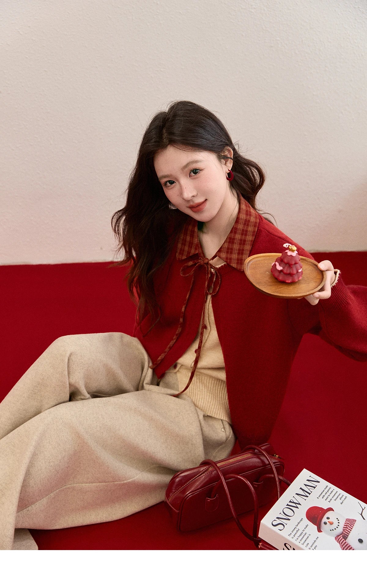 MISHOW Color Block Contrast Fake Two-Piece Cardigan Women Winter Removable Plaid Collar Tie Thickened Knitted Sweater MXE93Z2816