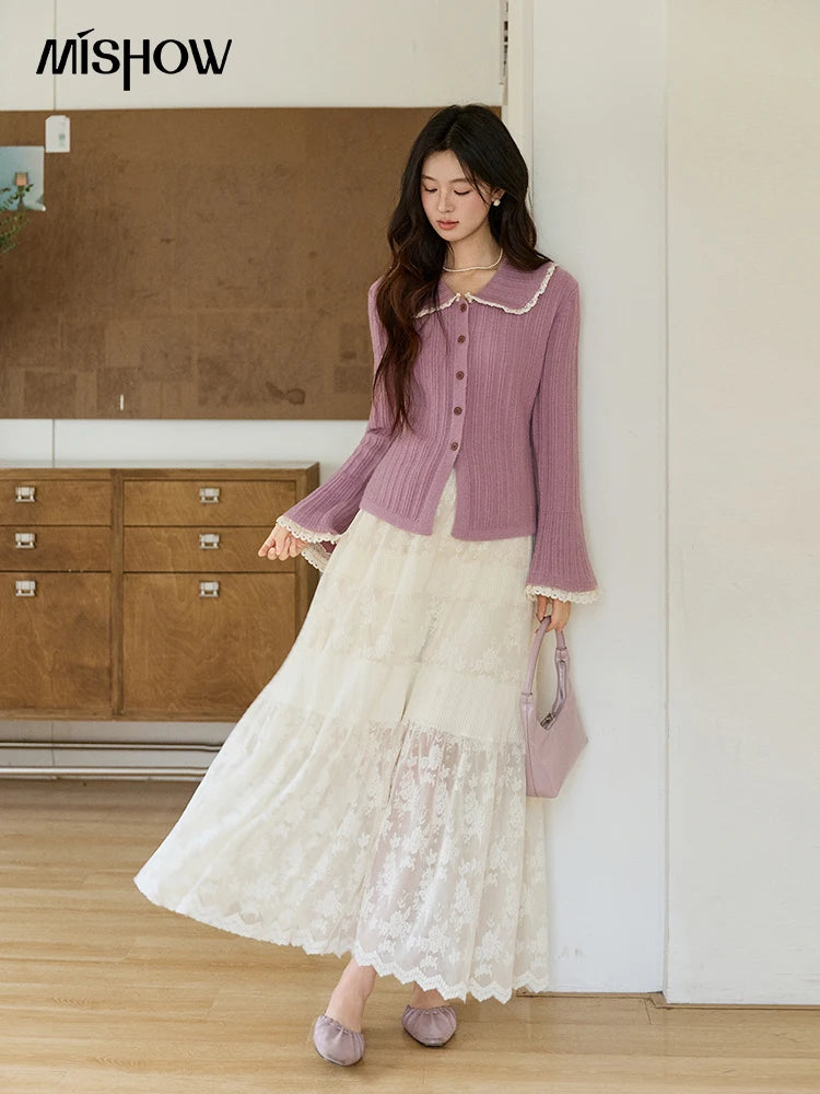 MISHOW Women's Lilac Flare Sleeve Knitted Cardigan 2026 Spring Peter Pan Collar Lace Trim Long Sleeve Slim Casual Top MXF11Z2994