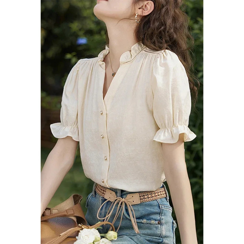 MISHOW Suspender Denim Dress Paired Blouse Separately 2024 Summer V Neck Puff Sleeve Top Back Elastic Waist Dress MXD21L1664