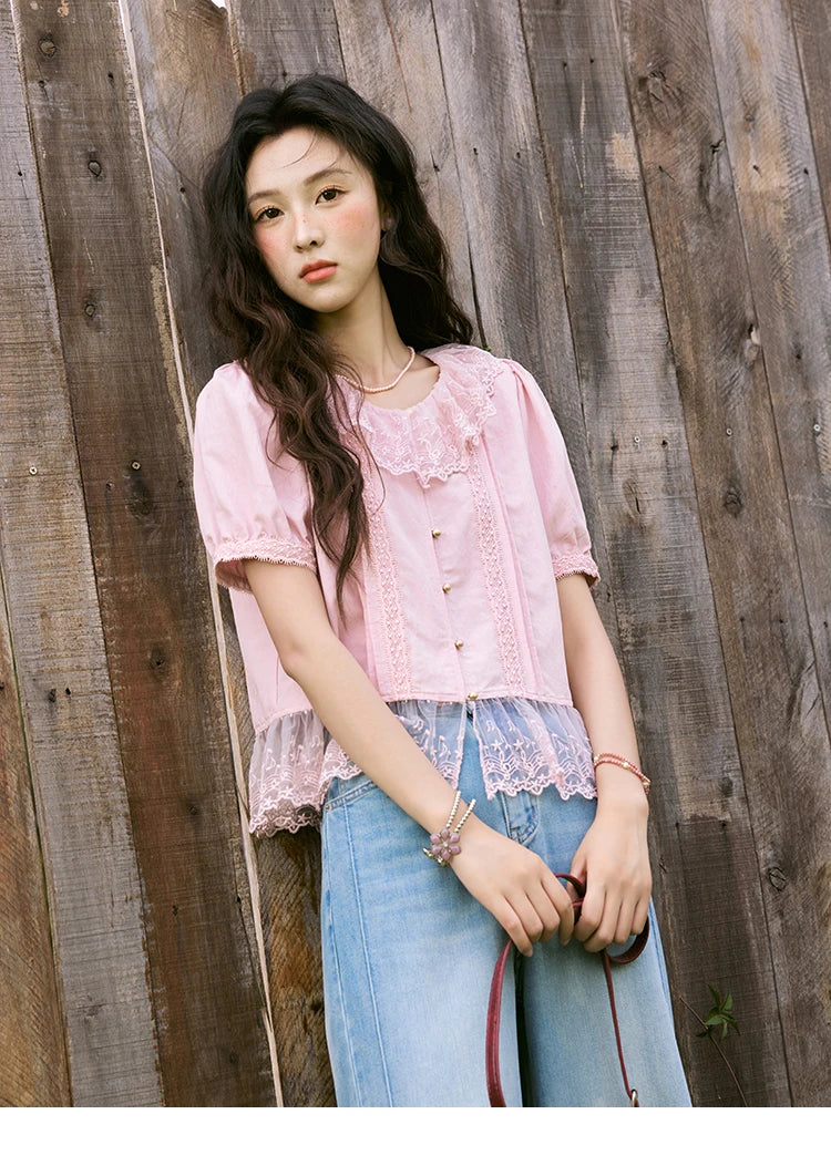 MISHOW Women's Pink Spliced Lace Round Neck Blouses 2025 Summer Lace Hem Sweet Blouse Single Row Metal Buttons Top MXE32X1768