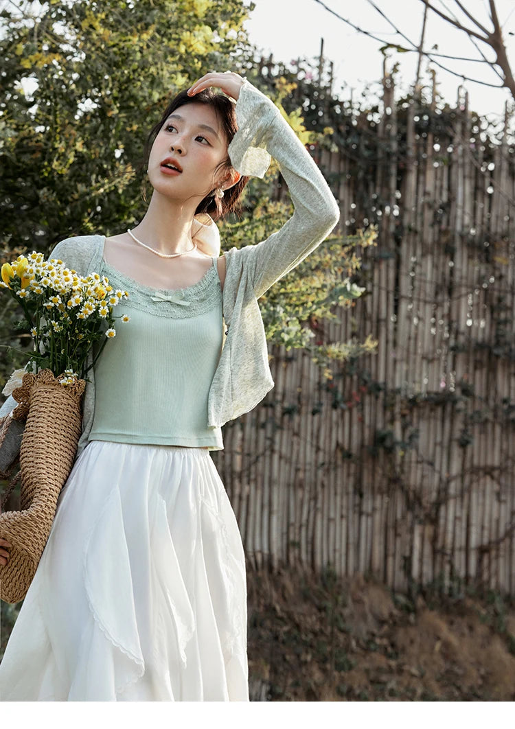 MISHOW Light Green Camisole Knit Cardigan Two-piece Set Spring Summer 2025 Lace Bow Camisole V-neck Cardigan Sets MXE15T0504