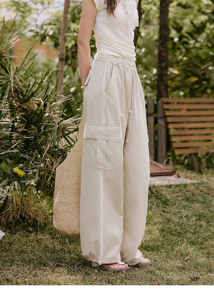 MISHOW Apricot Cargo Pants for Women in Summer 2025 Lace Patchwork Casual Pants Drawstring Elastic Waisted Trousers MXE33K0935