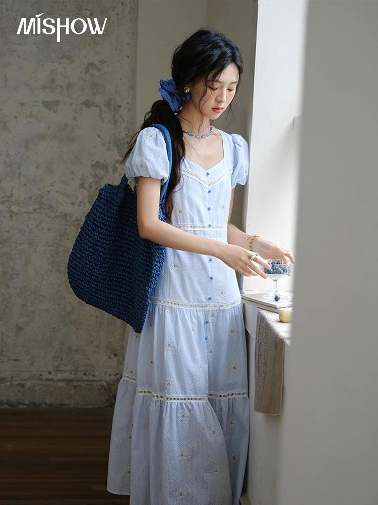 Mishow French Sweet Flower Embroidery Puff Sleeve Dress MXE35L2271