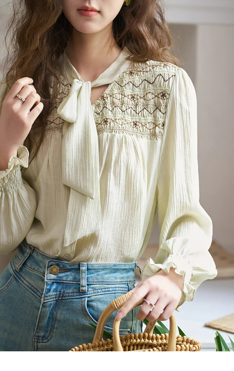 MISHOW Ribbon Collar Shirt for Women Autumn 2025 Sweet Cuffs Pleated Embroidered Petal Sleeve Loose Top Office Lady MXD14C0226