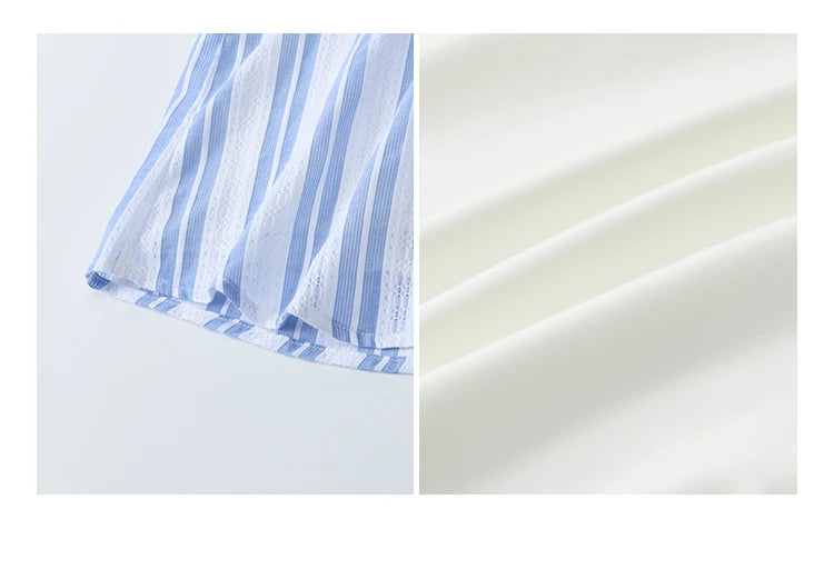 MISHOW 2025 Summer New 100% Cotton Striped Blouse Women Fashion Lantern Sleeve Lace V-neck Casual Top Ladies Clothing MXE36X1845