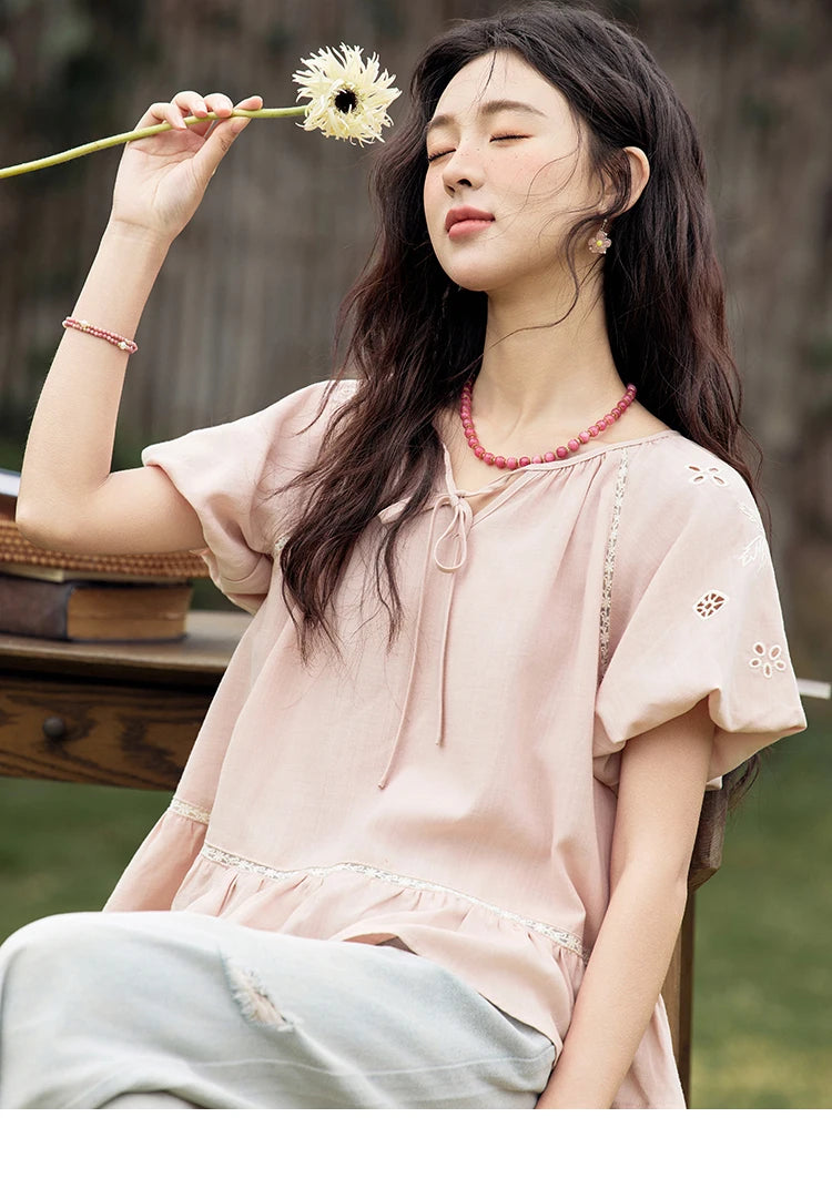 MISHOW French Summer Blouse Women 2025 Short Puff Sleeve Round Neck Solid Hollow Embroidery Shirts Woman Holiday Thin MXE31X1747