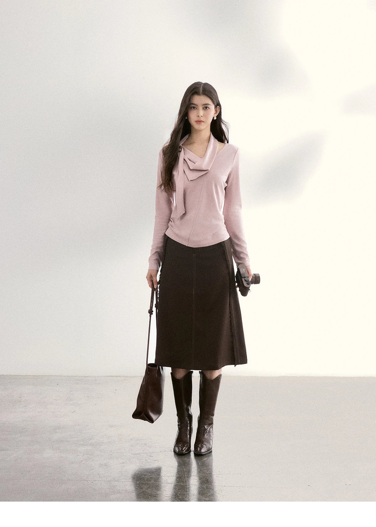 MISHOW Women's Scarf Neck Pink Long Sleeve Top 2026 Spring Color Collision Bead Asymmetrical Tops Knitted Sweaters MXF108Z1025