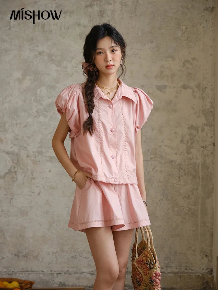 MISHOW 2 Pieces Set for Woman 2025 Summer New Loose Sweet Short Sleeve Button Shirt Casual Shorts Set Ladies Clothing MXE34T0591