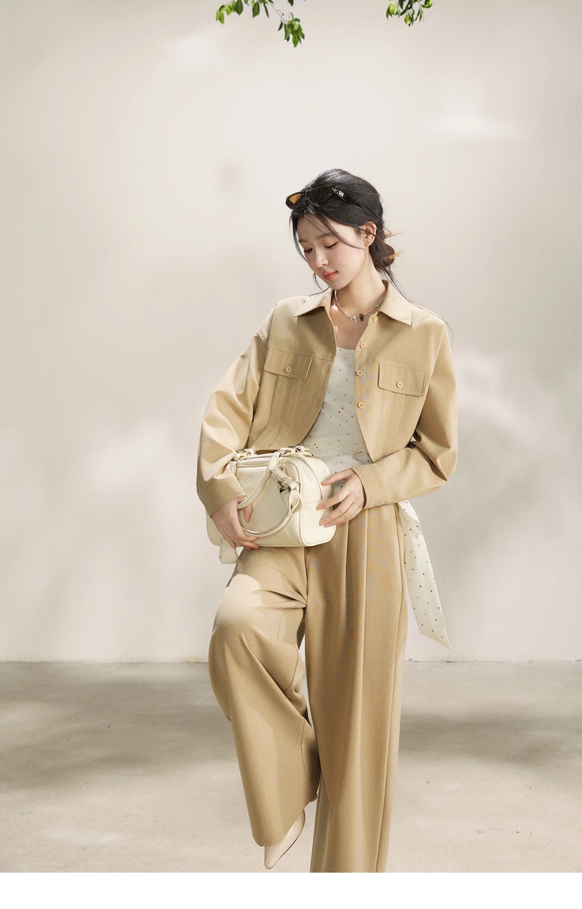 MISHOW Women's Khaki Three-Piece Set Spring Cropped Lapel Short Jacket Irregular Polka Dot Vest Wide Leg Pants Set MXF13T1478