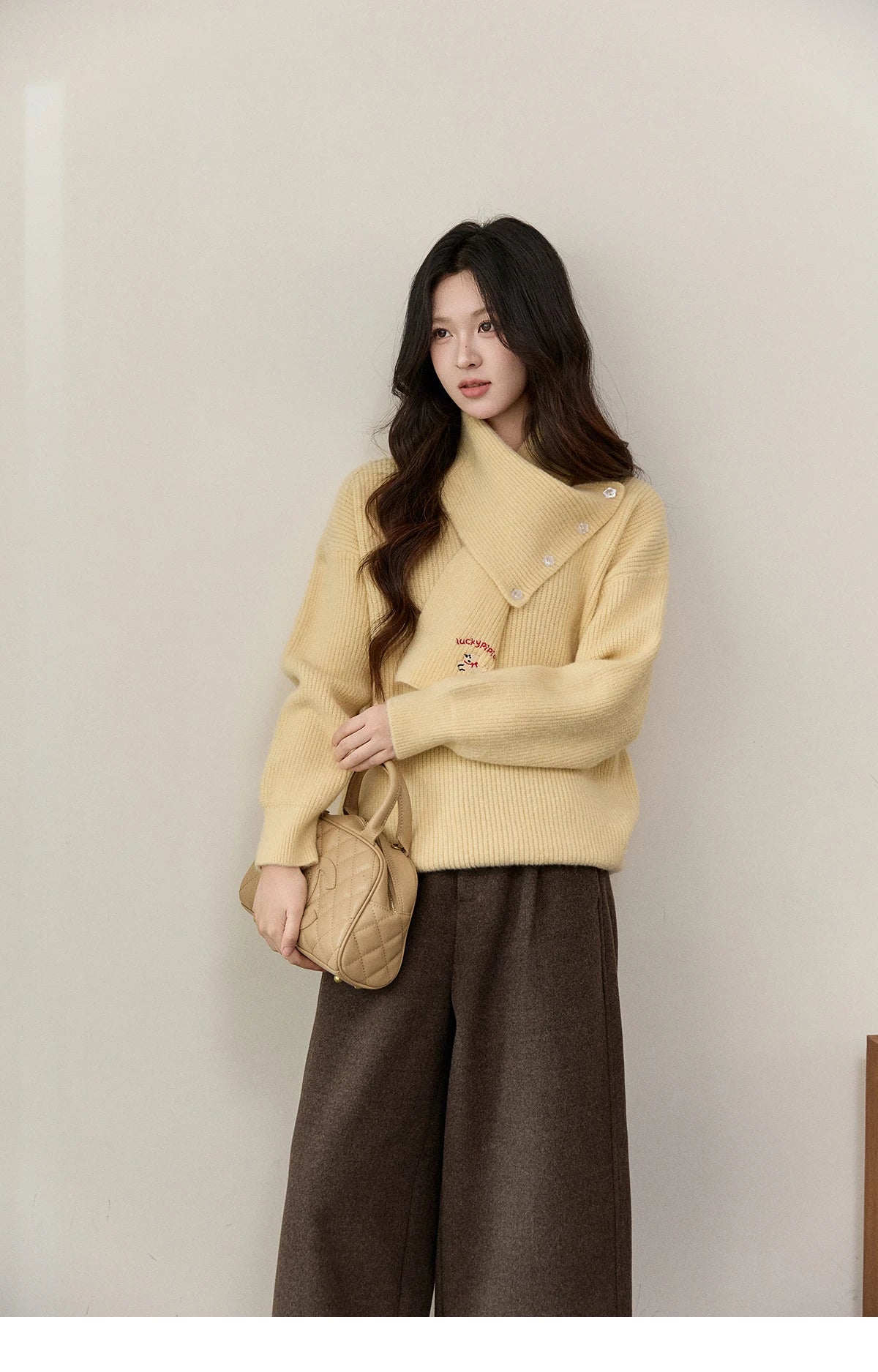 MISHOW Women's Yellow Sweater with Detachable Scarf 2025 Autumn Winter Loose Casual Warm Thickened Knit Pullover MXE93Z2953