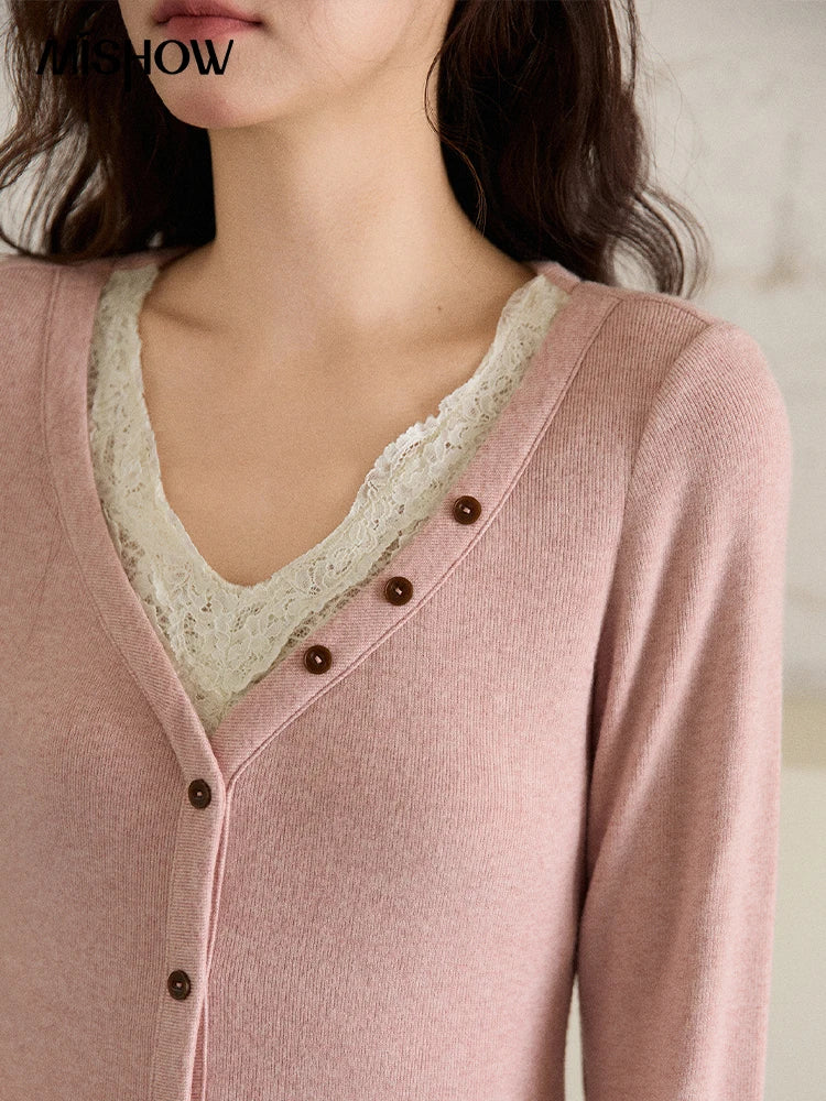 MISHOW Long Sleeve Tops for Woman 2025 Autumn Winter Sweet Gentle V-neck Top with Lace Trim Commute Slim Knit Top MXE86Z2673