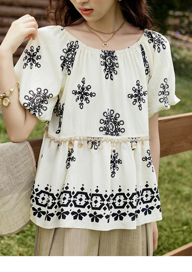 MISHOW Bohemian Print Shirts Women Summer Short Puff Sleeve Square Sleeve Loose Shell Ribbon Stitching Blouses Lady MXE35X1817