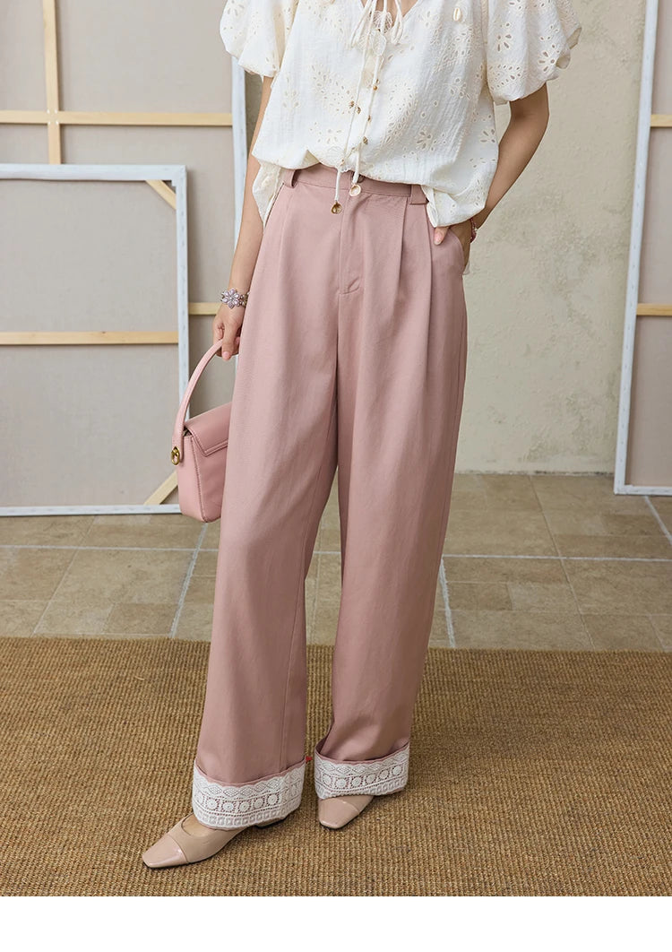 MISHOW Hem Lace Hollow Out Wide Leg Pants for Women Summer 2025 High Waist Loose Pink Pants Straight Leg Trousers MXE31K0900