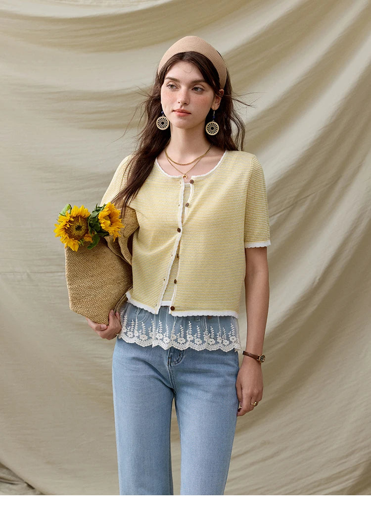 MISHOW Summer Camisole Cardigan Sets for Women 2025 Short Sleeve Round Neck Hem Lace Knitted Tops Female Fashion MXE33T0582