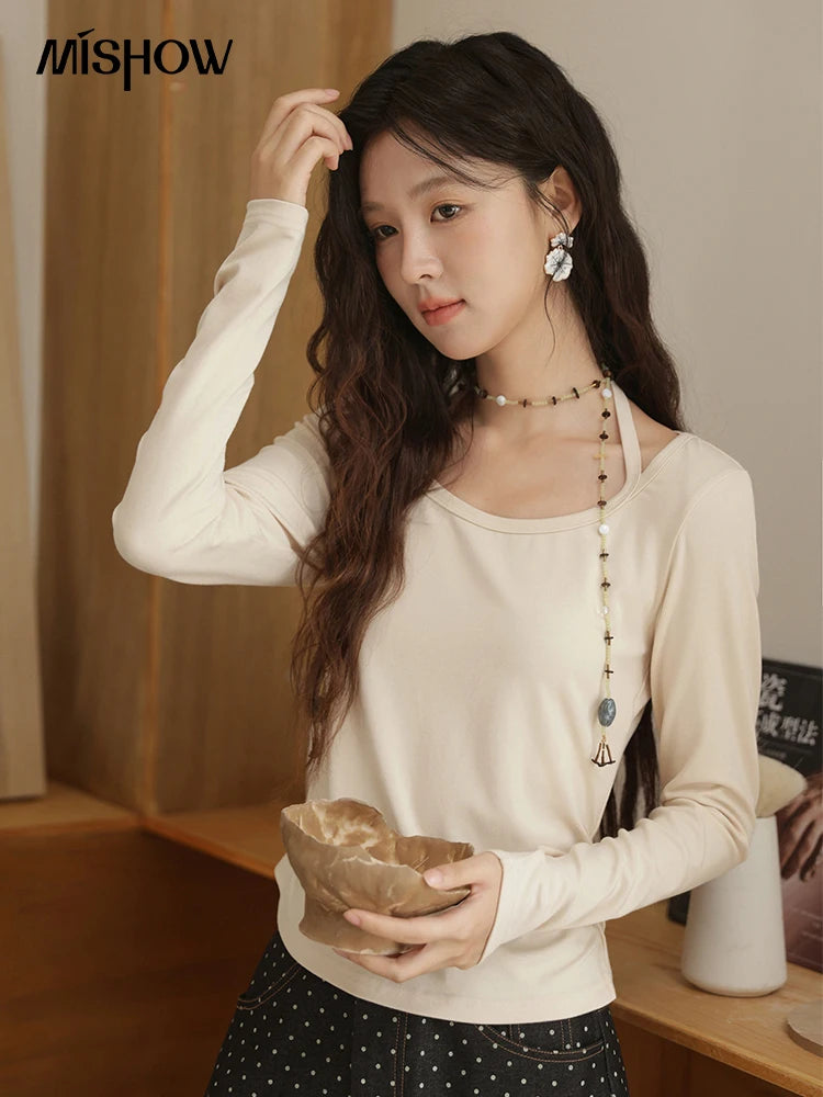 MISHOW Elastic Knitted T-shirts for Women Autumn 2025 Hanging Neck Strap Tees Pleated Waist Slim Long Sleeved Top MXE42T0720