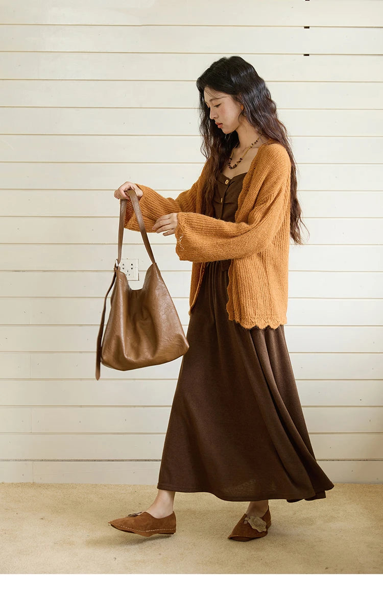 MISHOW Pumpkin Knitted Cardigan for Women Autumn 2025 Loose Wavy Edge Sweater Hollow Out Dropped Sleeves Cardigans MXE46Z2505