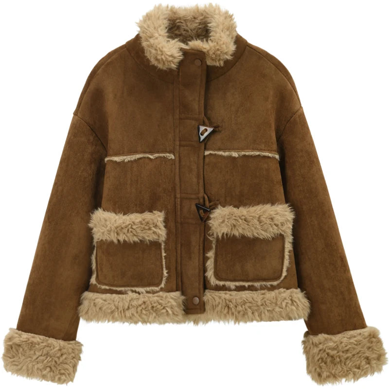 MISHOW Khaki Suede Jacket for Women 2025 Winter New Retro Stand Collar Zippered Jacket Pockets Long Sleeves Top MXE88W0886