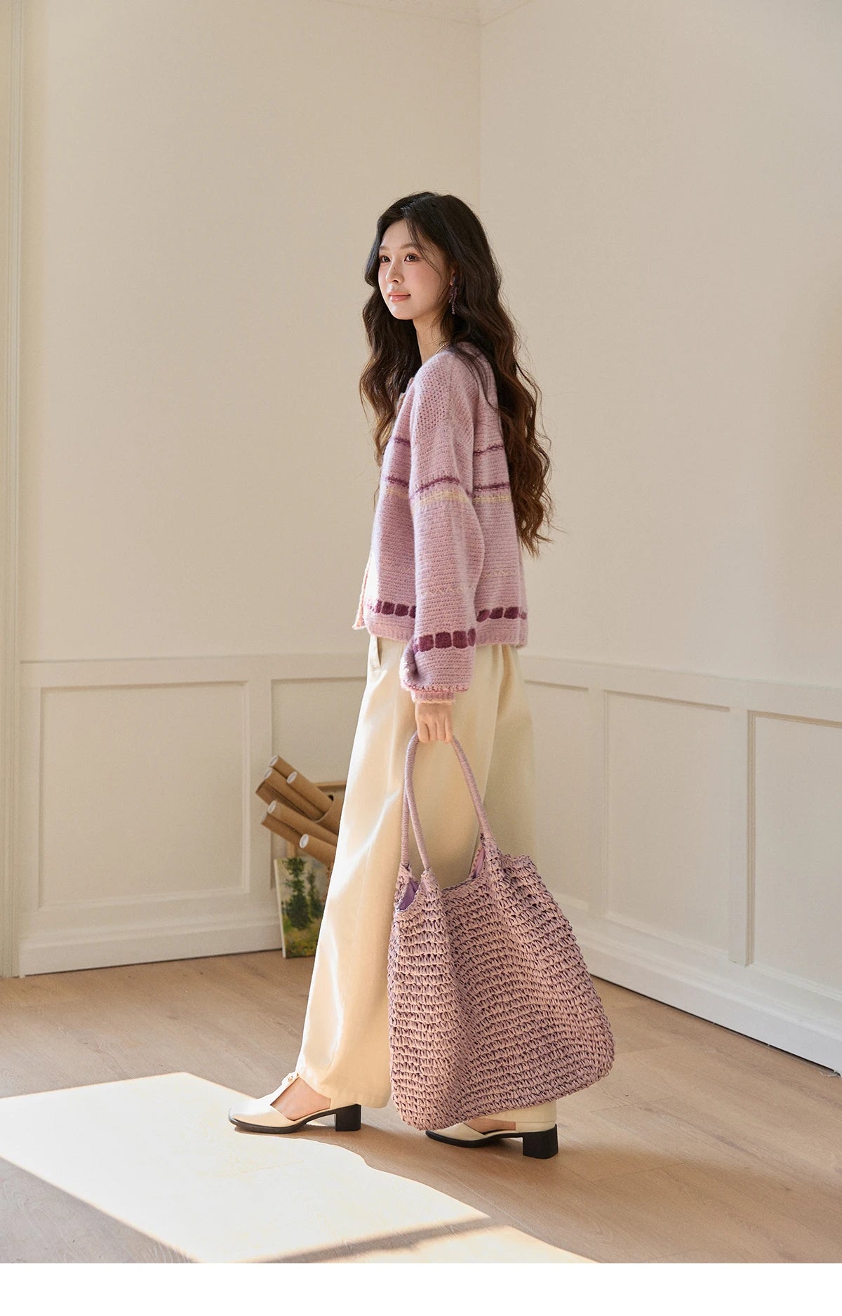 MISHOW Women's Lilac Knit Cardigan 2026 Spring Striped Dot Pattern Crew Neck Tops Single Breasted Warm Loose Sweater MXF11Z2897