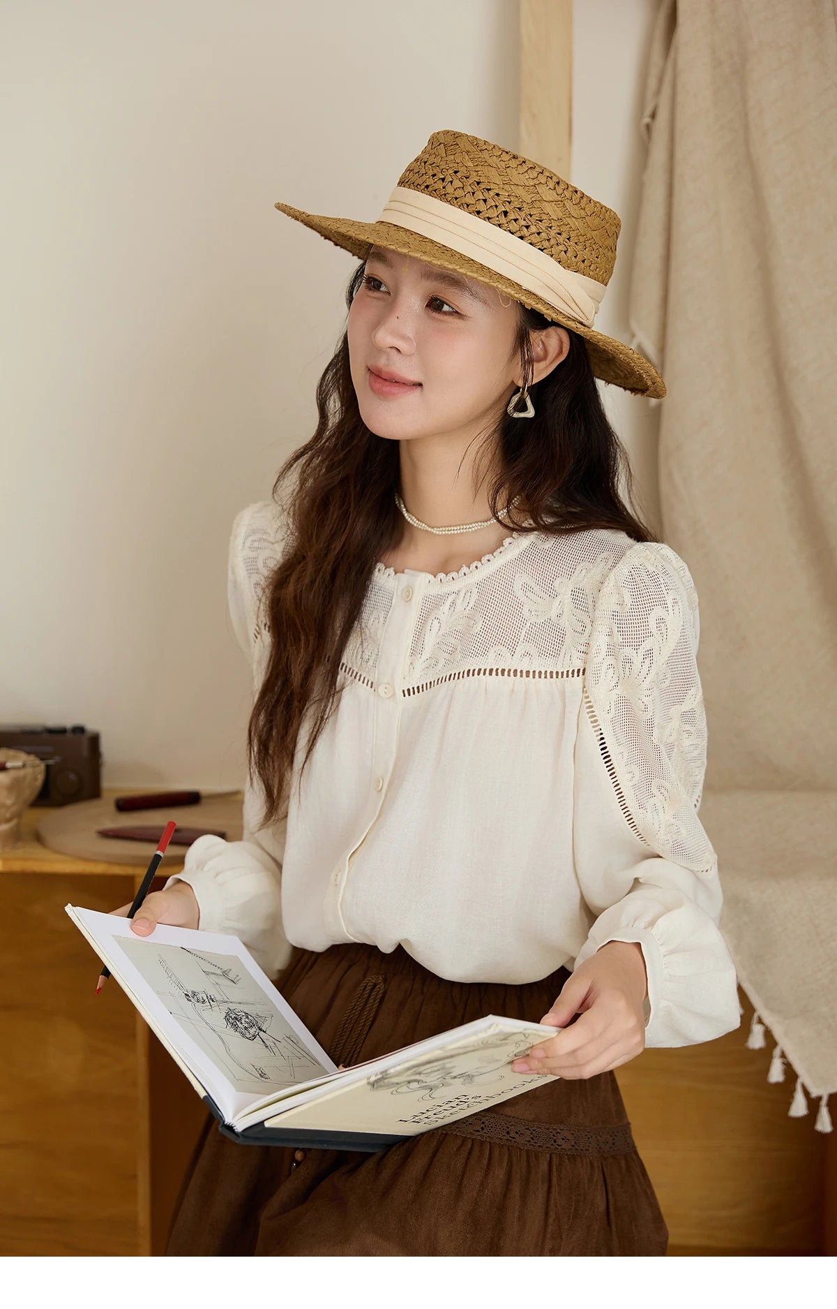 MISHOW Women's Beige Hollow Out Embroidery Shirt Autumn French Elegant Long Sleeve O-Neck Shirts Retro Commute Tops MXE44X2498