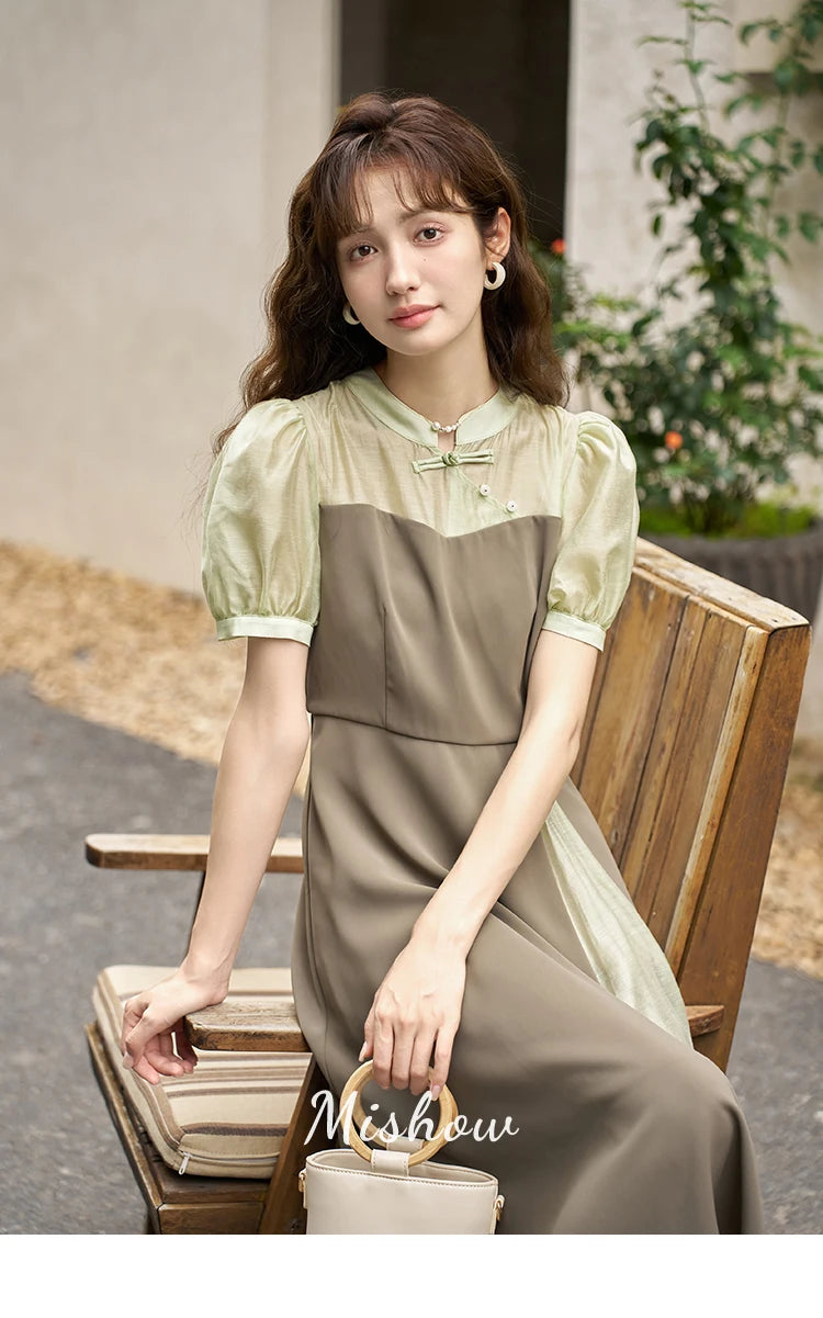 MISHOW Chinese Style Dress for Women 2023 Summer Waist Puff Sleeve Patchwork Fake Two Pieces French Slim Long DressES MXC35L1354