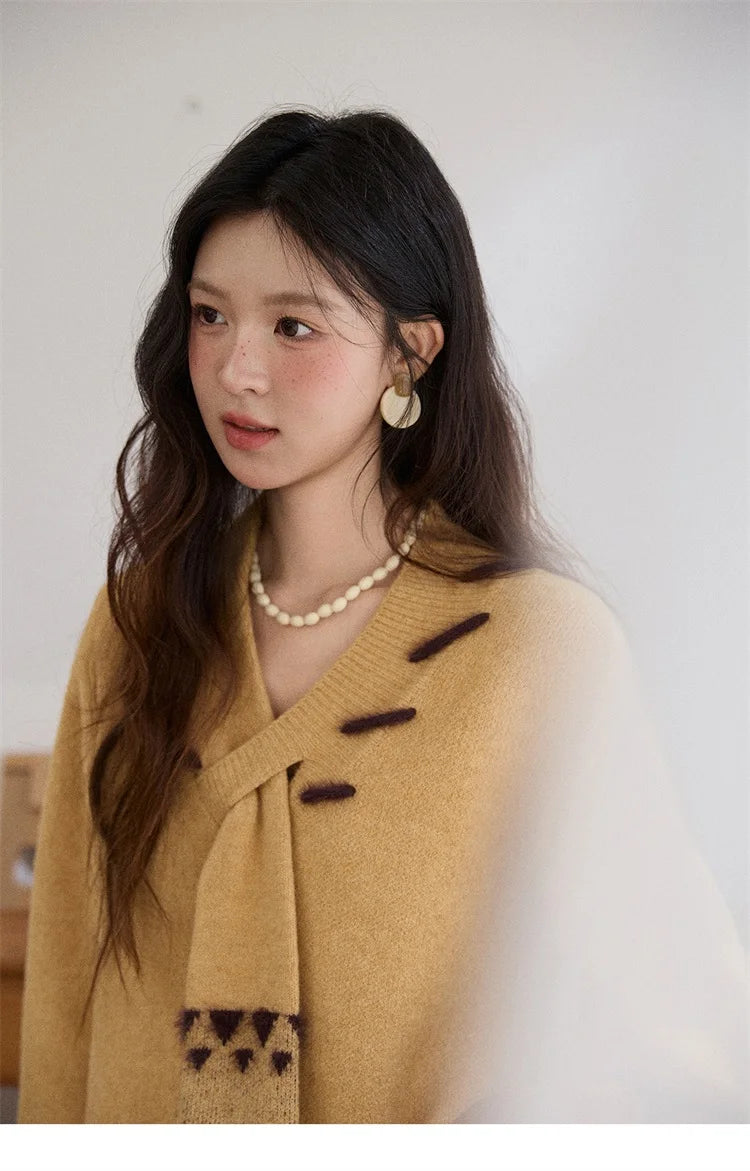 MISHOW Women V-neck Knit Top 2025 French-style Elegant Workwear Long-sleeved Yellow Pullover Women's Winter Clothing MXE87Z2771