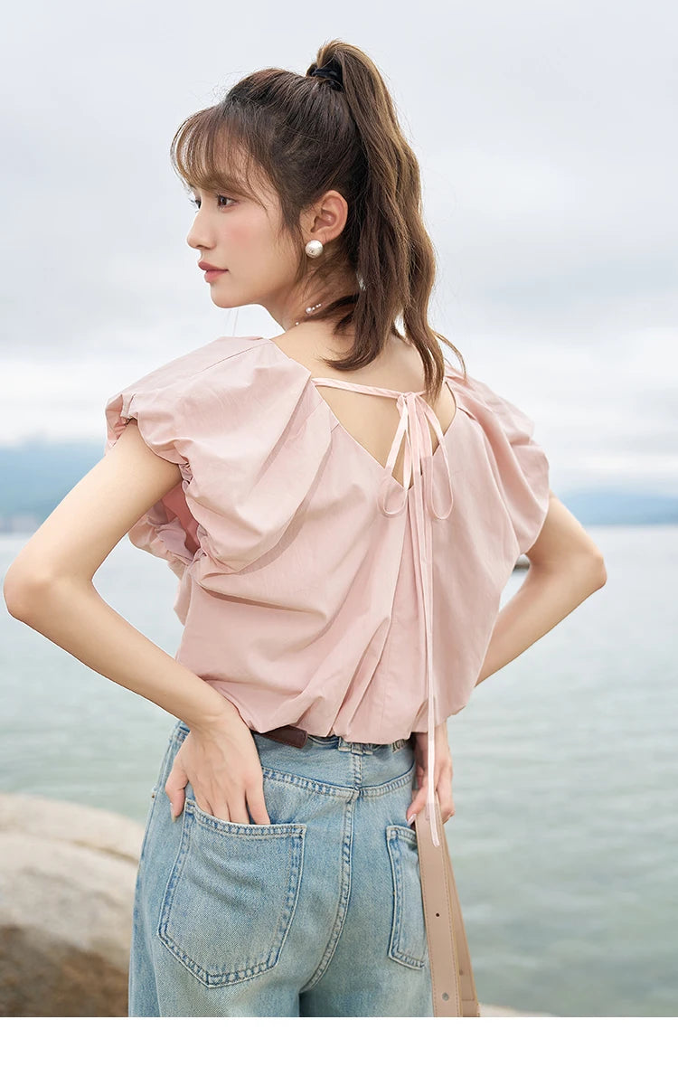 MISHOW Soft Blouses for Women 2025 Summer French Rear Collar Tie Up Solid Short Sleeve Solid V Neck Puff Sleeve Tops MXC38X1275