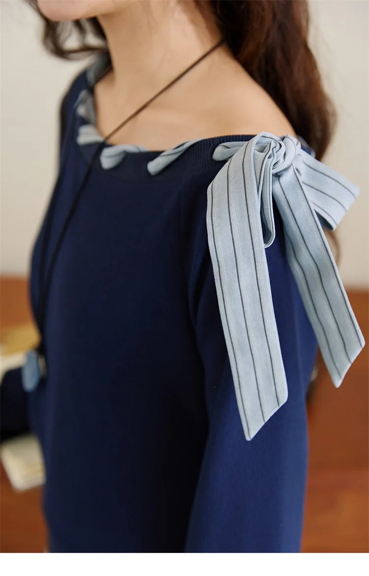 MISHOW Woman Striped Dress 2025 Autumn Blue Navy Slash Neck Contrast Lace Long-sleeved Dress Sexy Clothes for Women MXE45L2516