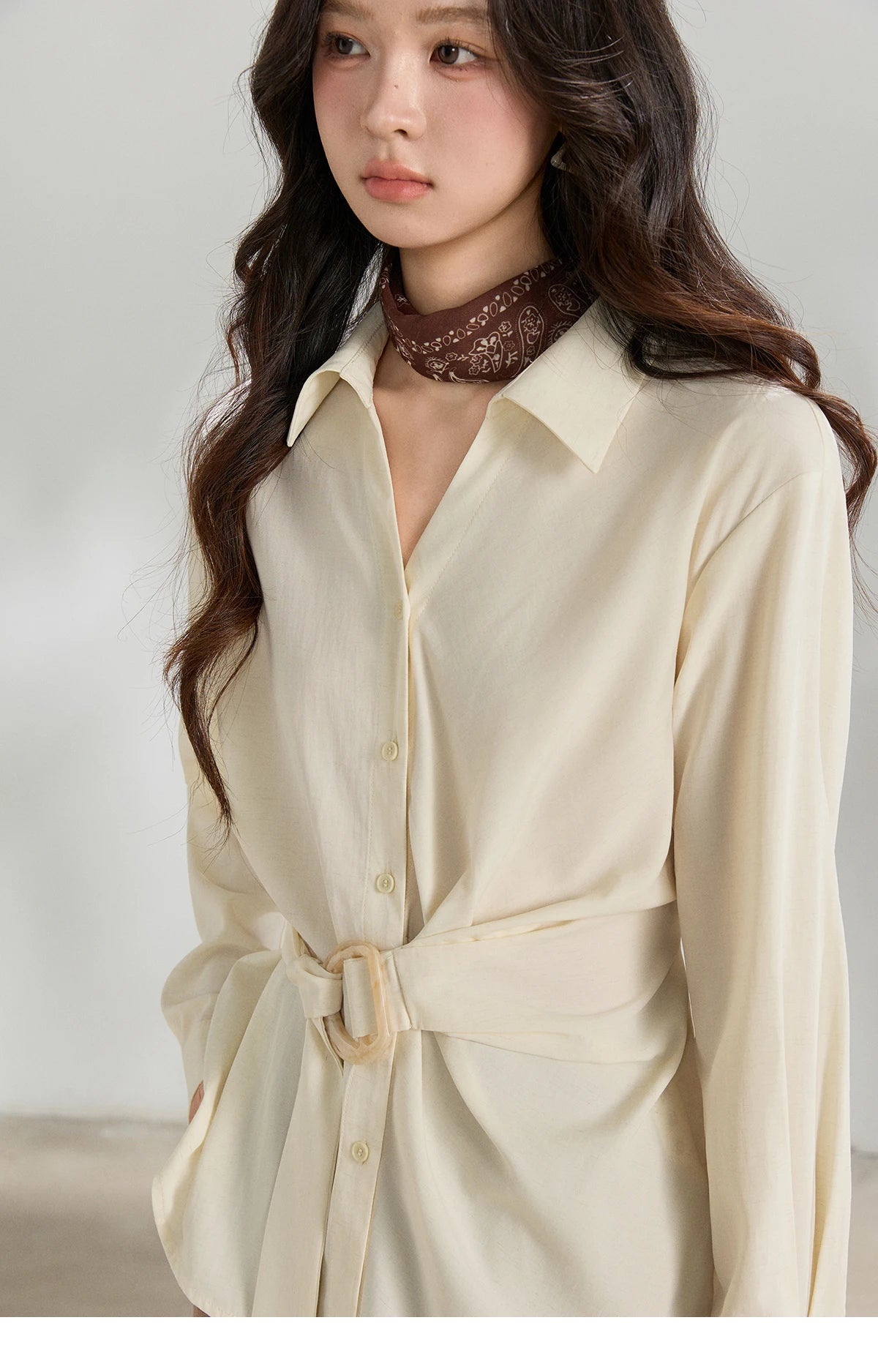 MISHOW Women's Lapel Collar Long Sleeve Shirt 2026 Spring with Belted Waist Casual Loose Soft Beige Shirt Office Lady MXF13C2452