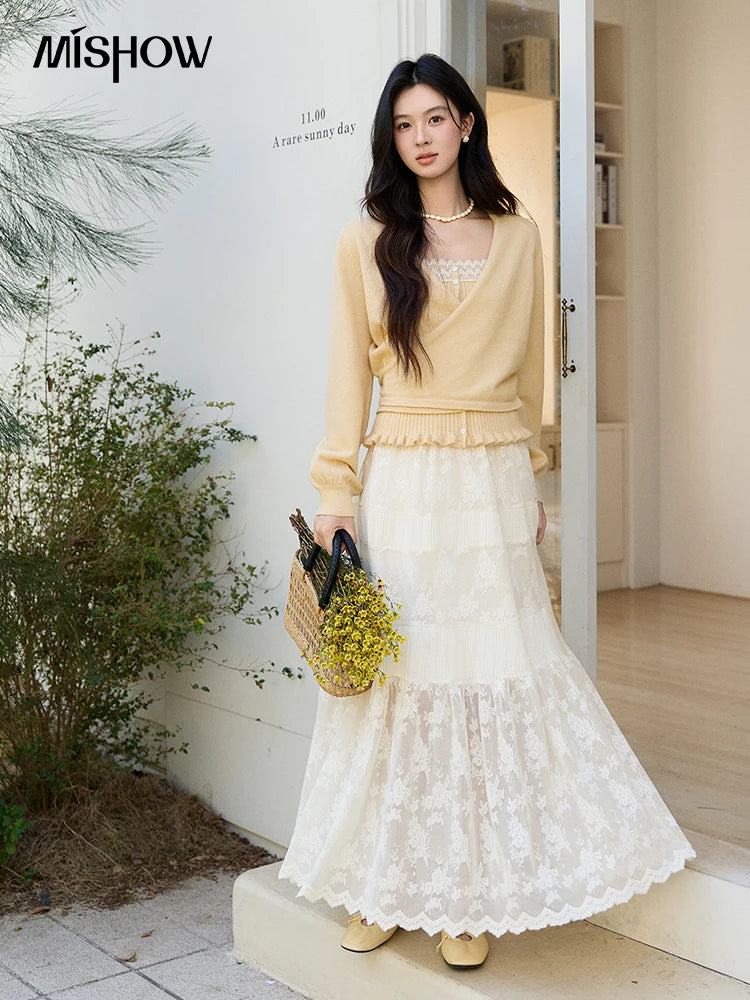 MISHOW Women's Yellow Two-Piece Set 2026 Spring Ruffled Hem Camisole Lace Trim Knitted Cardigan Casual Slim Outfit MXF11T1472